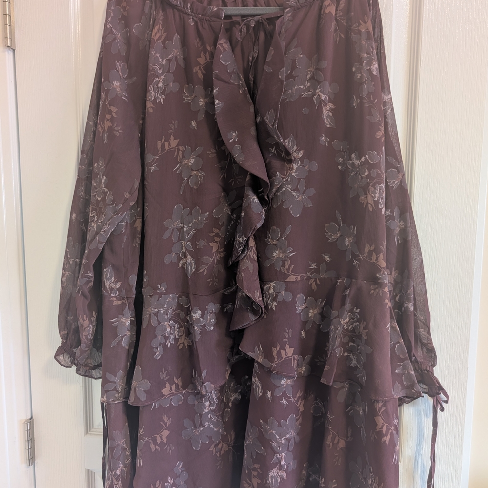 torrid Plum Floral Midi Dress with Ruffle Front